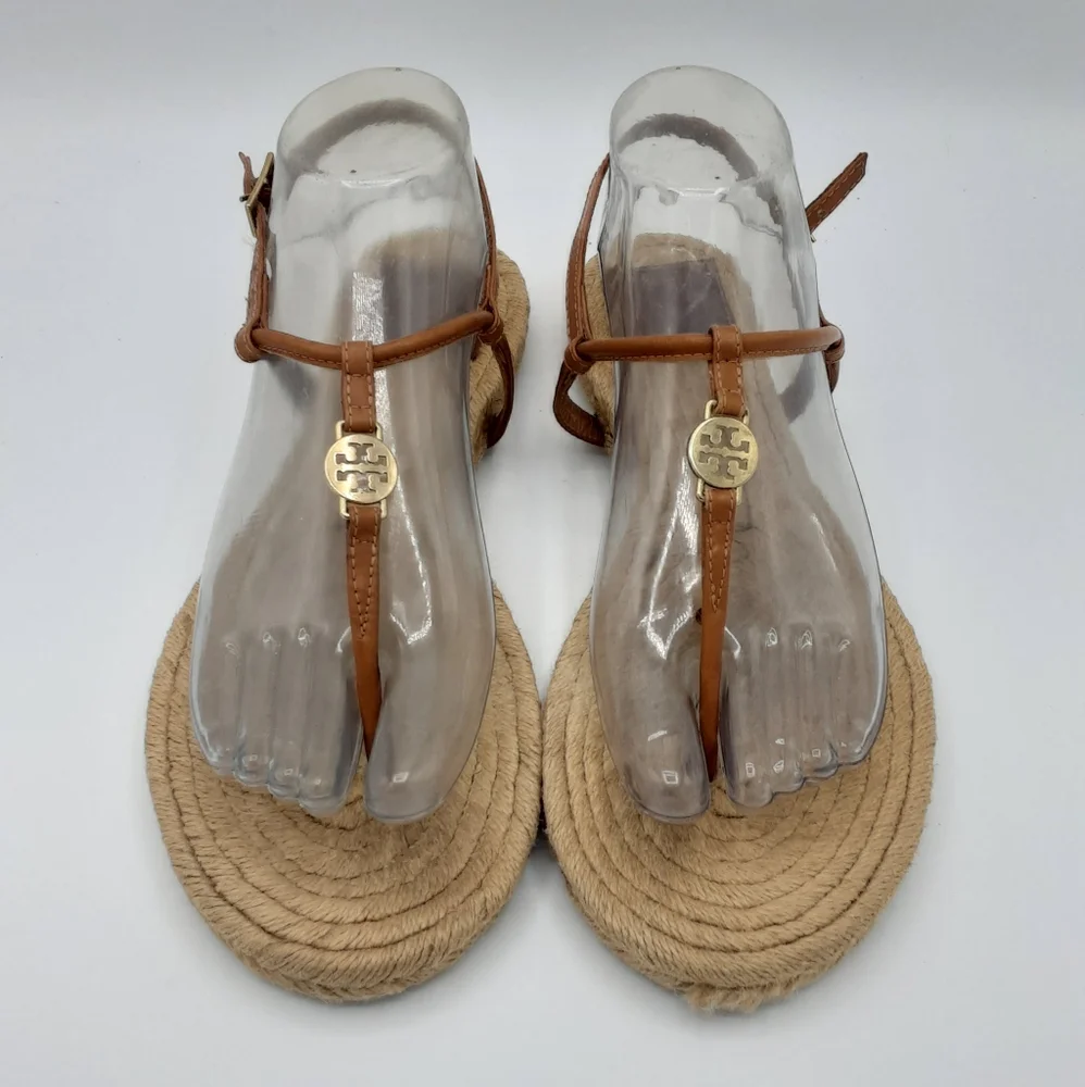 Tory Burch Emmy Brown Leather Espadrille Flat Thong Sandal.